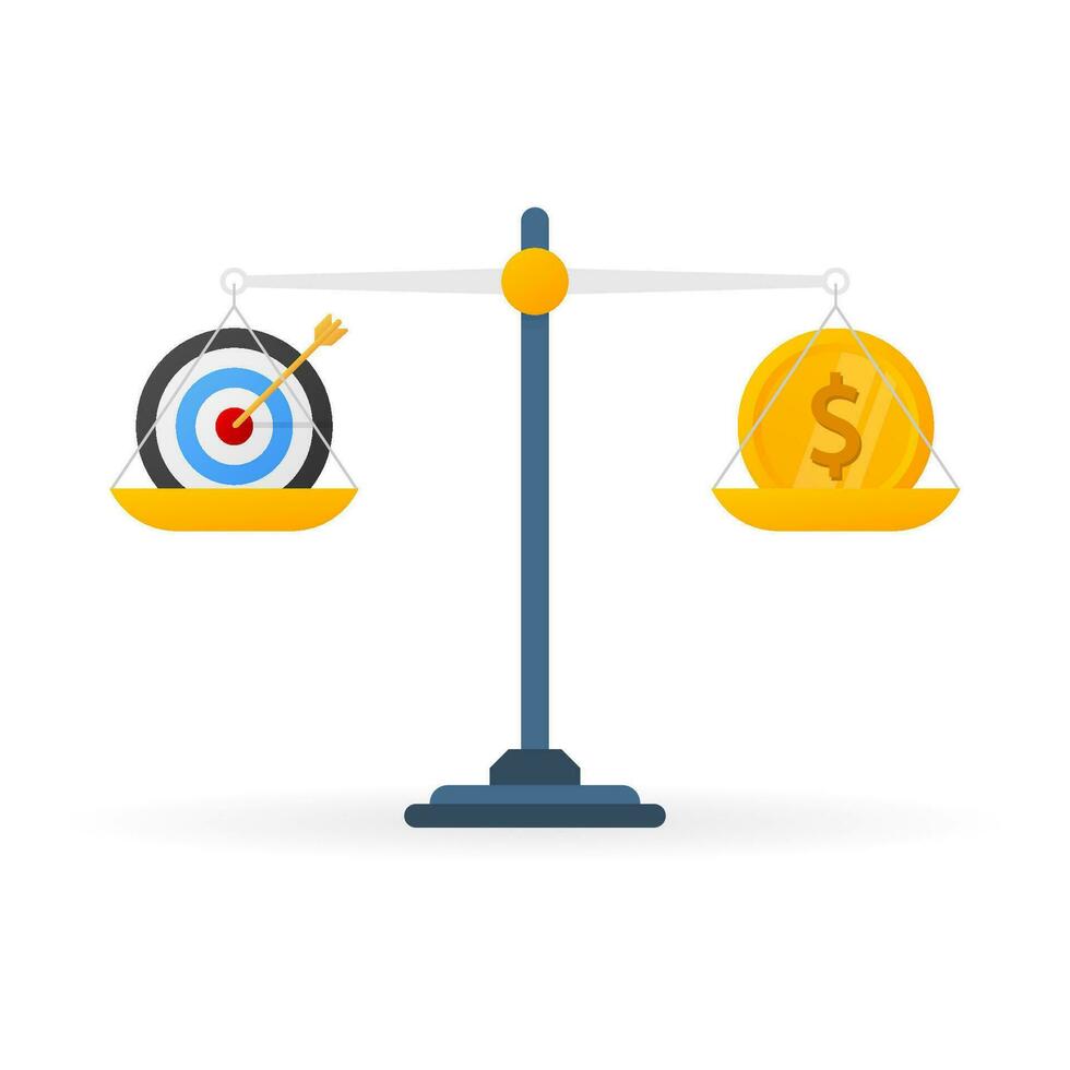 Flat target vs money on scales. Time management. Vector illustration