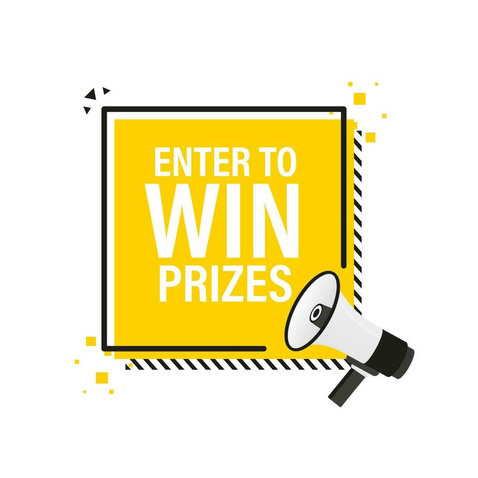 Enter to win prizes megaphone yellow banner in 3D style on white background. Vector illustration.