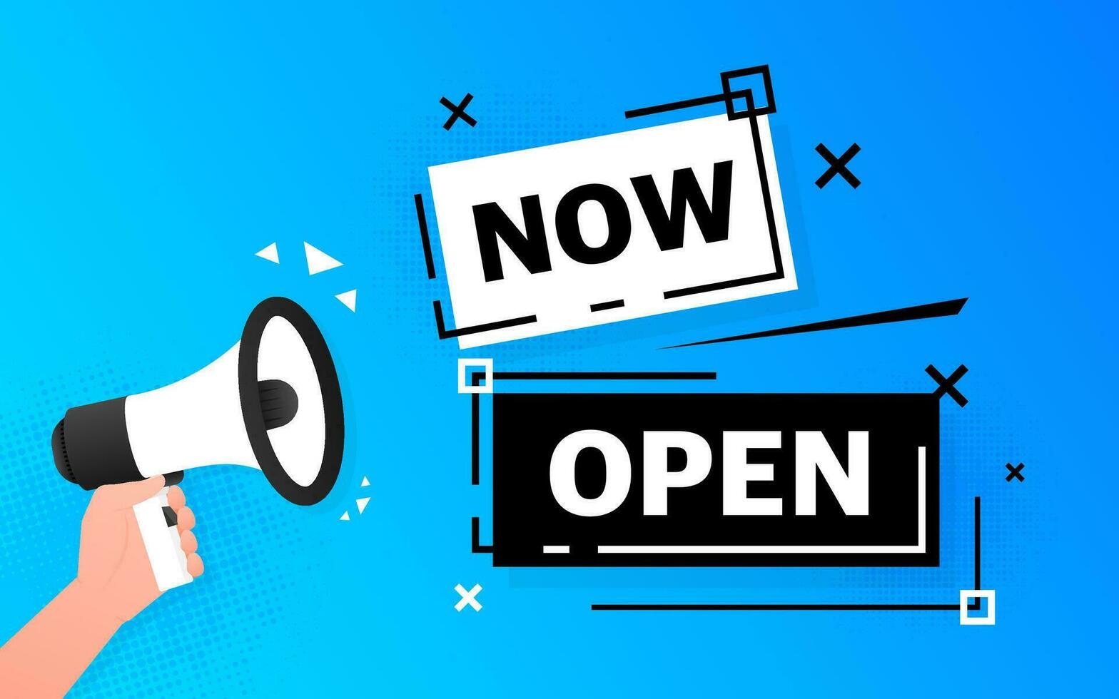 Megaphone blue banner with now open sign. Vector illustration