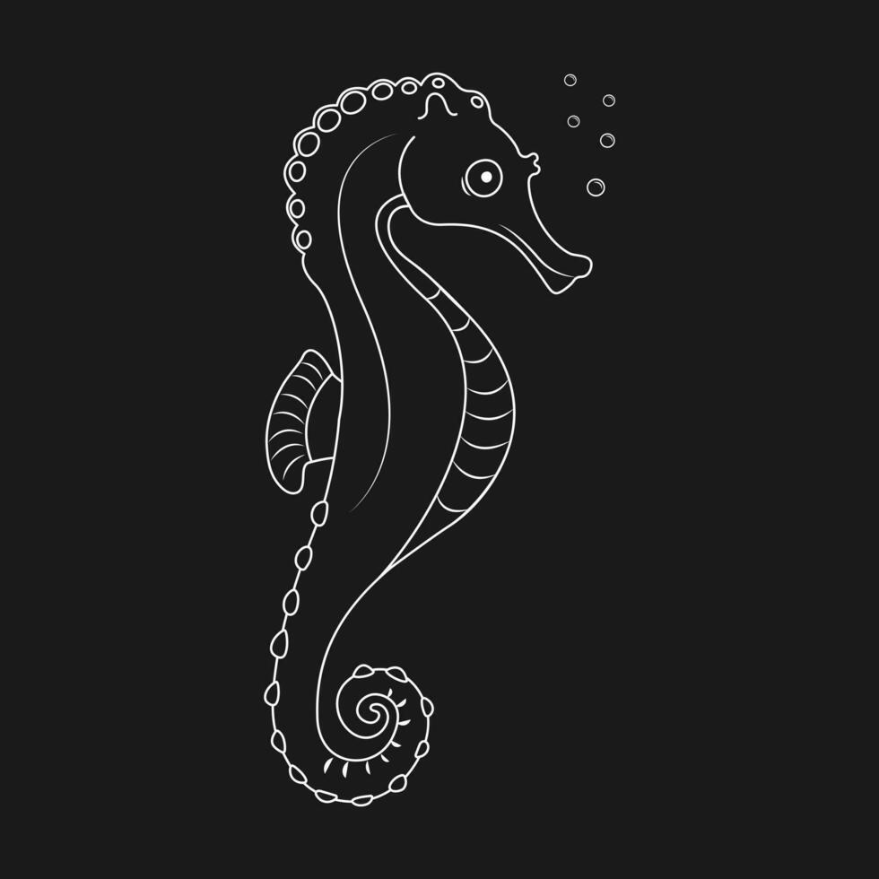 White outline of seahorse on black background. Linear illustration of an underwater inhabitant vector