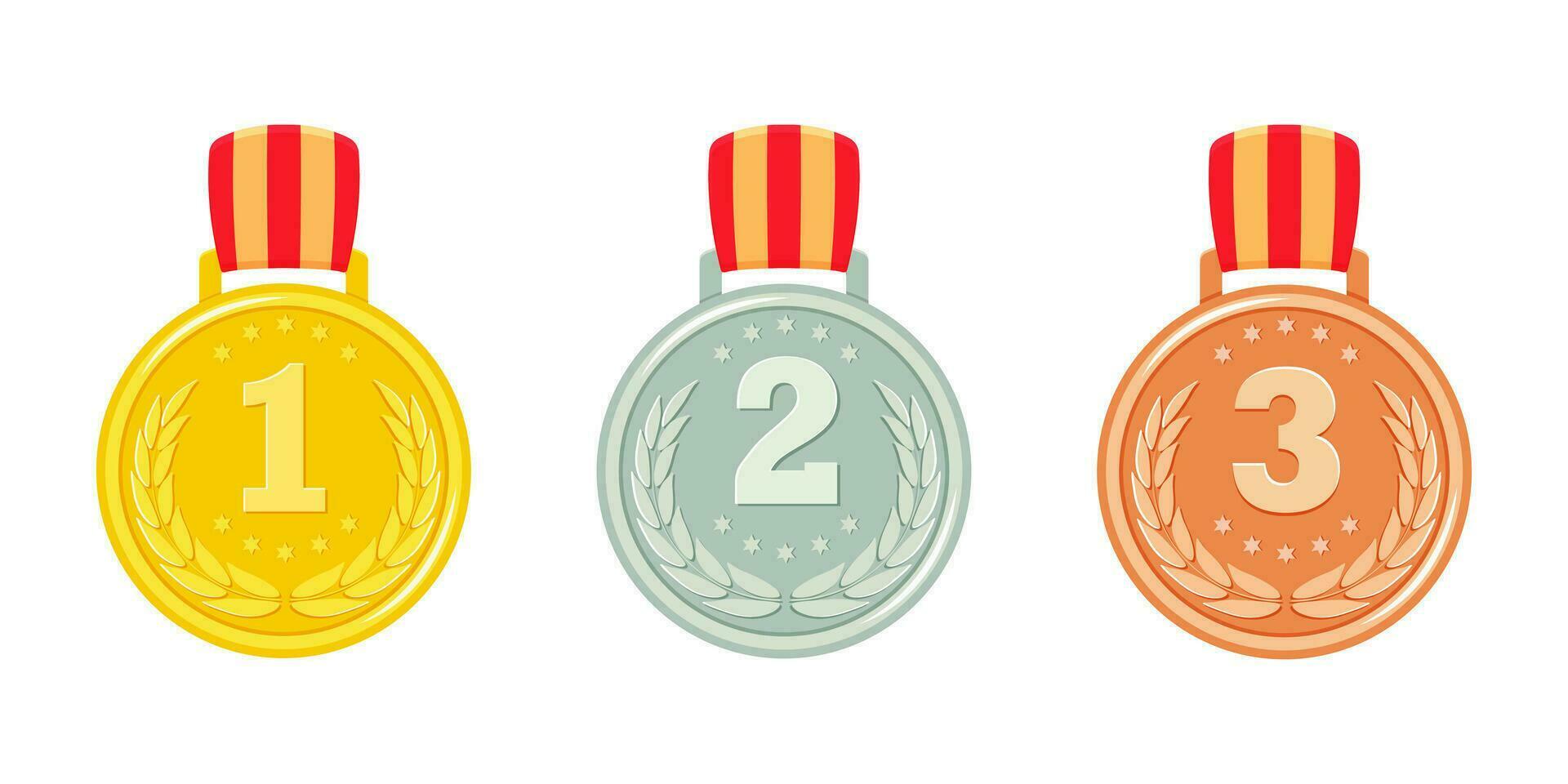 Gold, bronze and silver medals. Set of awards for first, second and third places. Prizes for winner. vector