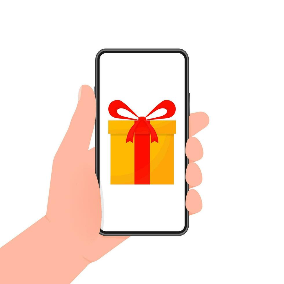 Hand holds phone with prizes box on screen. Vector illustration. Discount coupon icon and prizes box on smartphone.