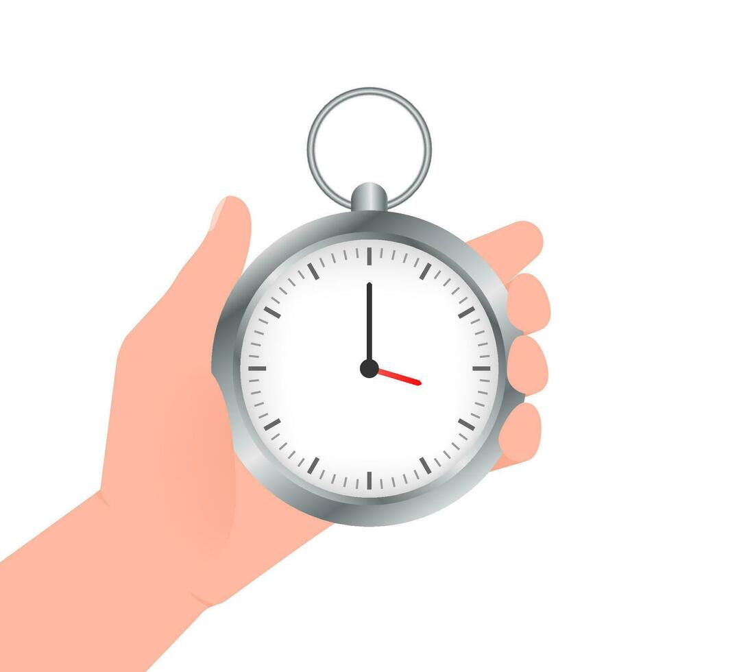 Hand with timer. Vector flat cartoon illustration. Clock icon vector. Time management. Stopwatch icon, logo.