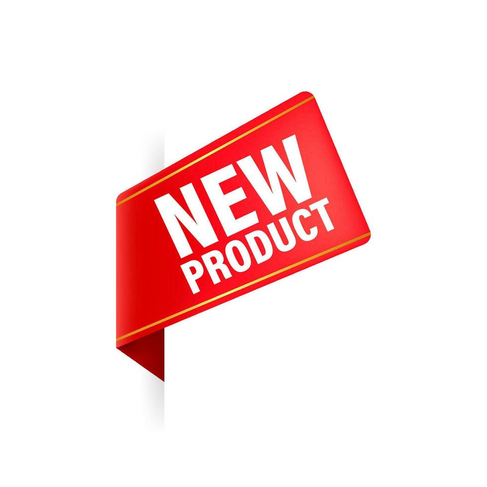 New product. Realistic badge in red color. Product advertising. Web design. Vector illustration.