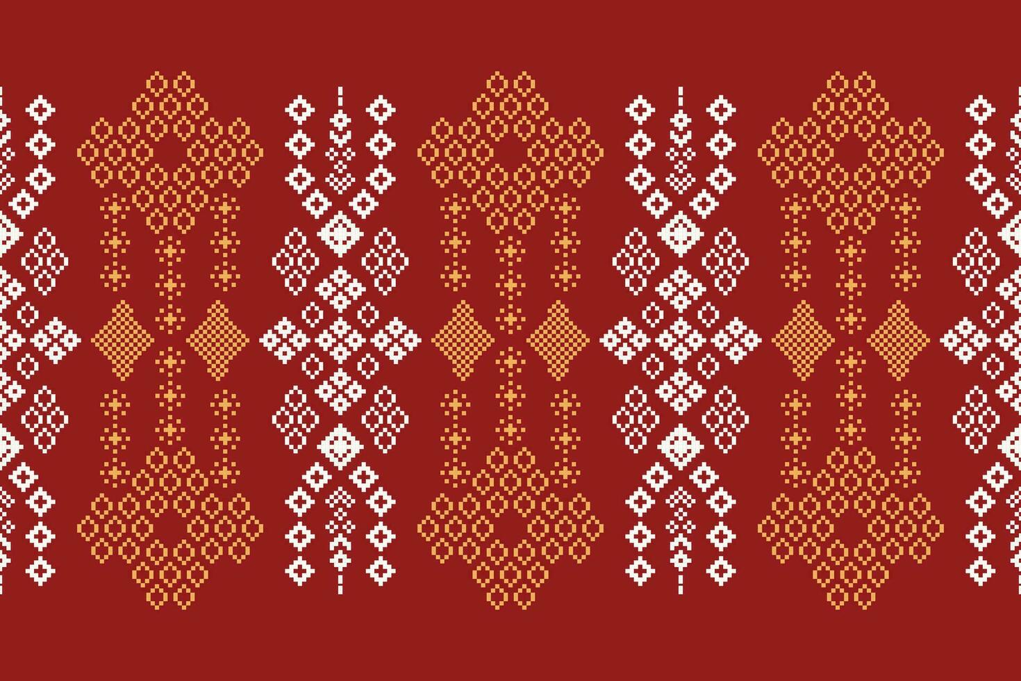 Ethnic geometric fabric pattern Cross Stitch.Ikat embroidery Ethnic oriental Pixel pattern red background. Abstract,vector,illustration. Texture,clothing,frame,decoration,motifs,silk wallpaper. vector