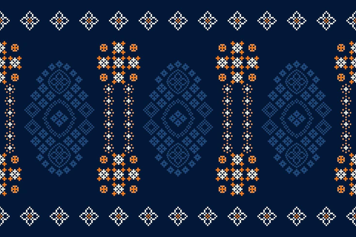 Ethnic geometric fabric pattern Cross Stitch.Ikat embroidery Ethnic oriental Pixel pattern blue background. Abstract,vector,illustration. Texture,clothing,frame,decoration,motifs,silk wallpaper. vector