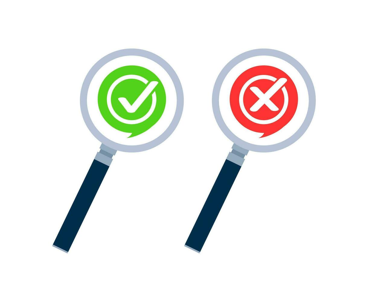 Yes and No check marks icon on magnifying glass. vector