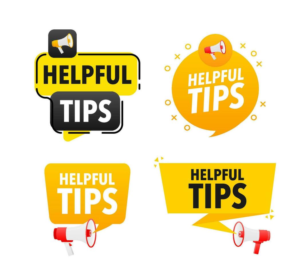 Megaphone label set with text helpful tips. Helpful tips announcement banner vector