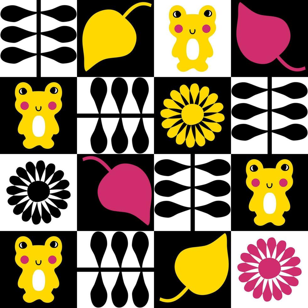 Geometric seamless pattern with daisies and frogs in swiss style. Floral checkered print for tee, poster, fabric, textile. vector