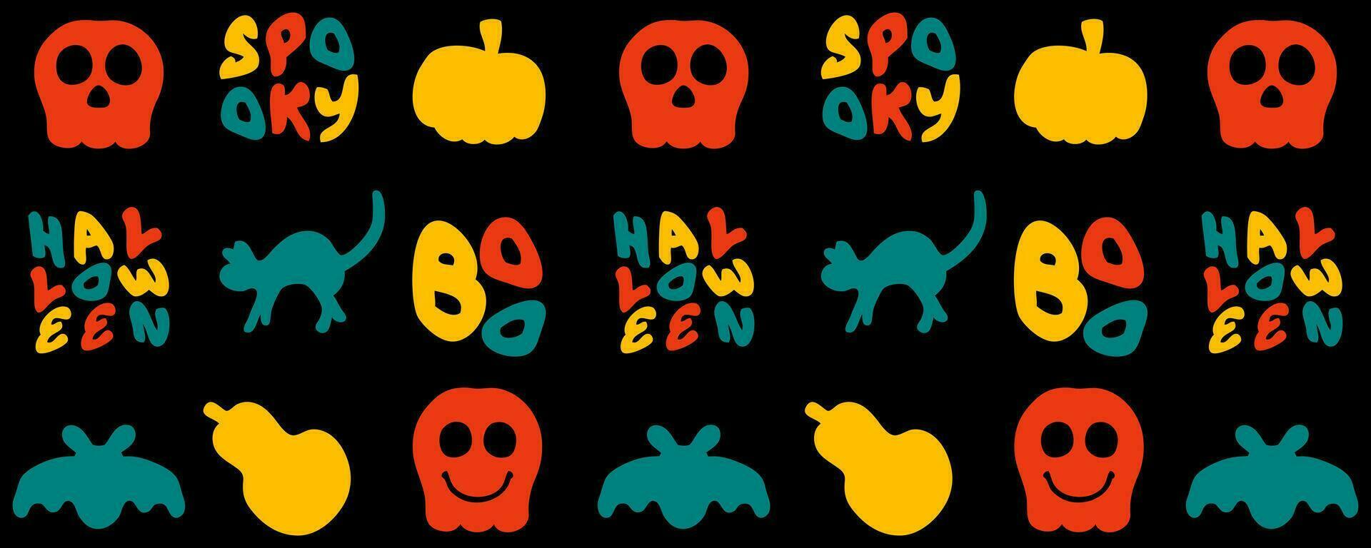 Happy halloween cup pattern with pumpkins, cats and skeletons. Perfect print for poster, stationery. vector