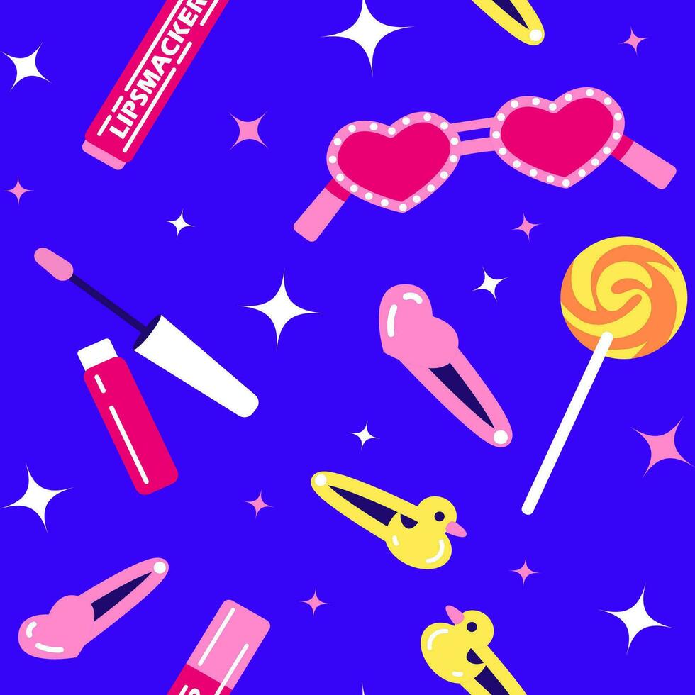 Seamless y2k style pattern of cosmetic barbie, sunglasses and candy vector