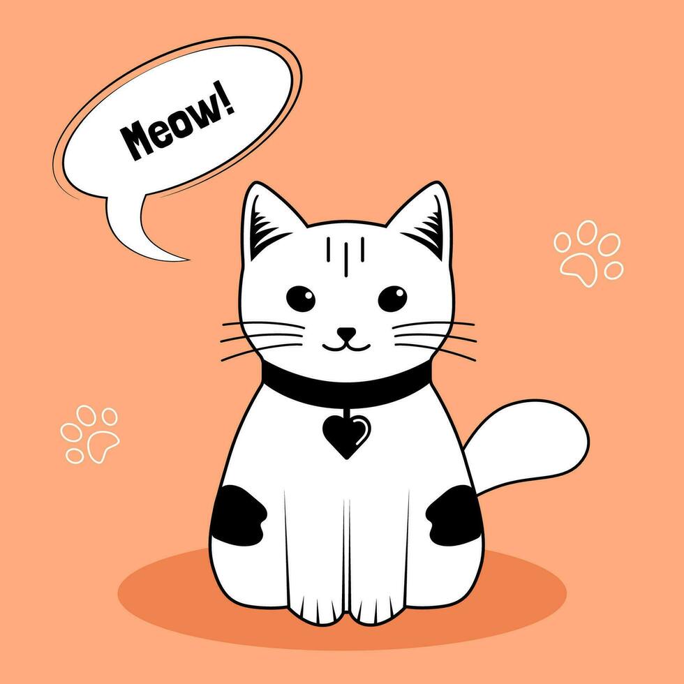 Cute cat square card, vector art decoration sticker, black and white kitty with speech bubble, meowing cat. Art for logos, mascot, print, web and other animalistic design.