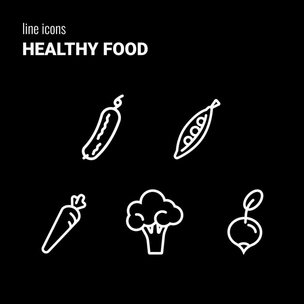 Set of five outline Healthy Food icons, vegetable symbols, vector pictograms, logos, outline drawings, cucumber, peas, carrot, broccoli and radish.