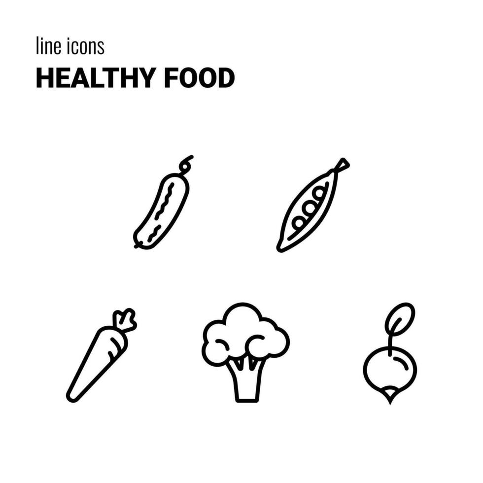 Set of five outline Healthy Food icons, vegetable symbols, vector pictograms