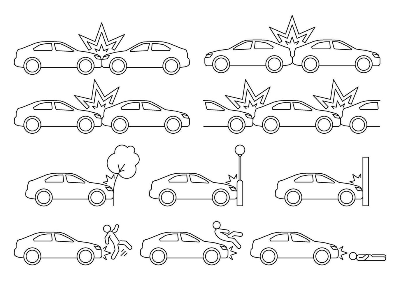 Car crash, accident of transport, line art icon set. Collision with an obstacle tree, lantern, wall, person. Knock down pedestrian. Frontal and back collision. Vector outline illustration