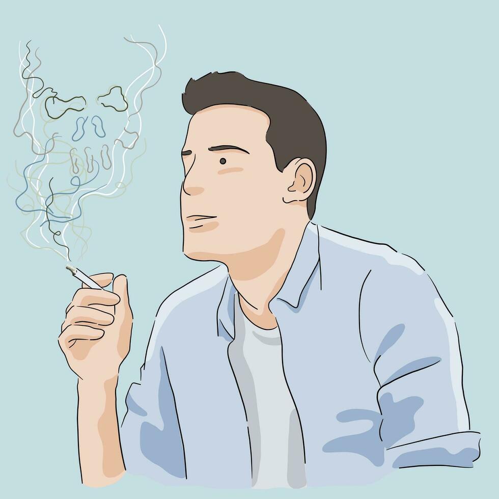 Young man holding cigarette, smoking enjoying and with skull smoke silhouette vector