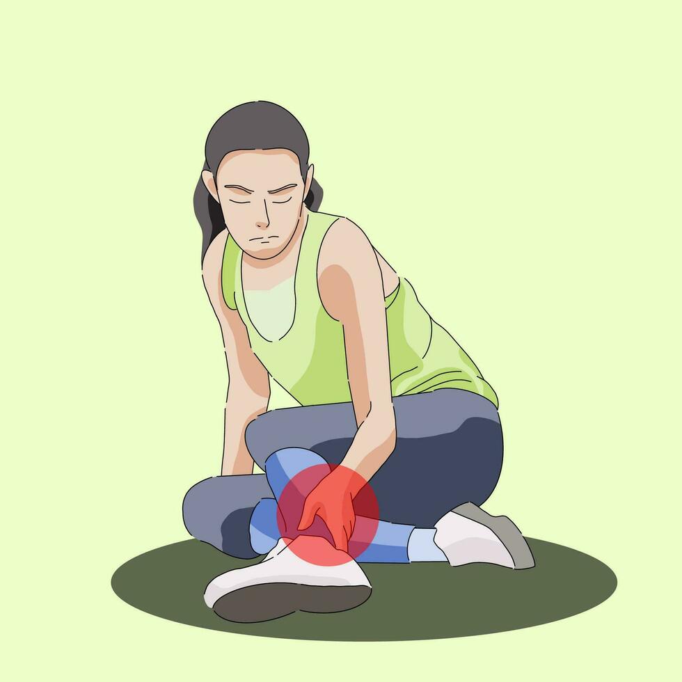 Woman laying in floor sprain leg injured in jogging running ankle hurt need help vector