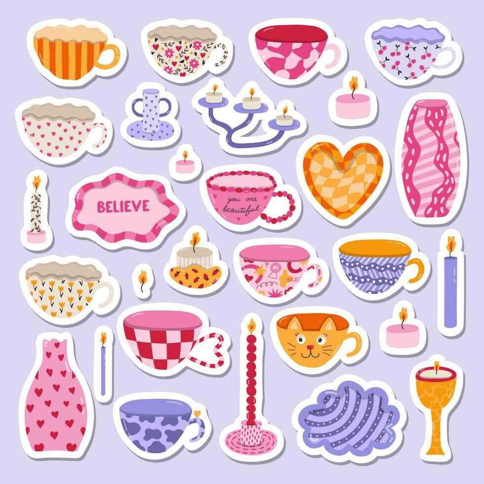 Set of stickers with ceramic household crockery and pottery in the style of 70s. Hand drawn vector doodle illustrations. Different vases, candlesticks, mug and teacups, plate for scandinavian home