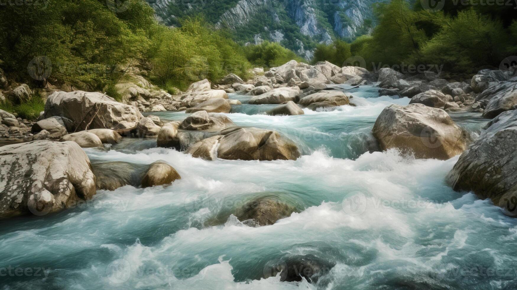 Stormy river against the backdrop of mountains, forest, sunset. AI generated. photo