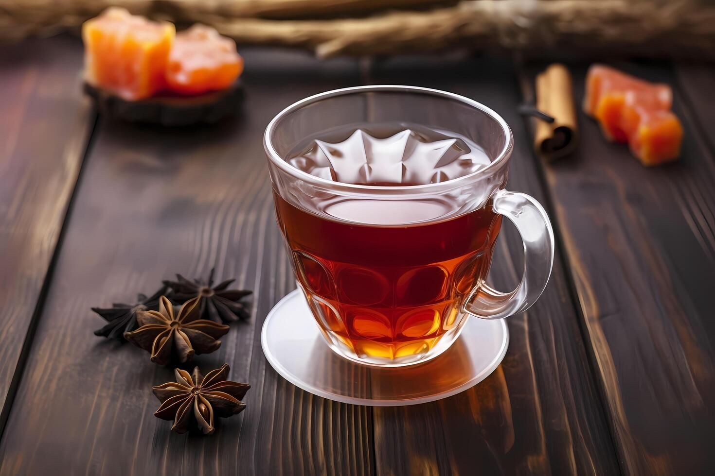 Healthy Homemade Hot Mulled Cider in glass on wooden table with spice like cinnamon and clove AI Generative photo