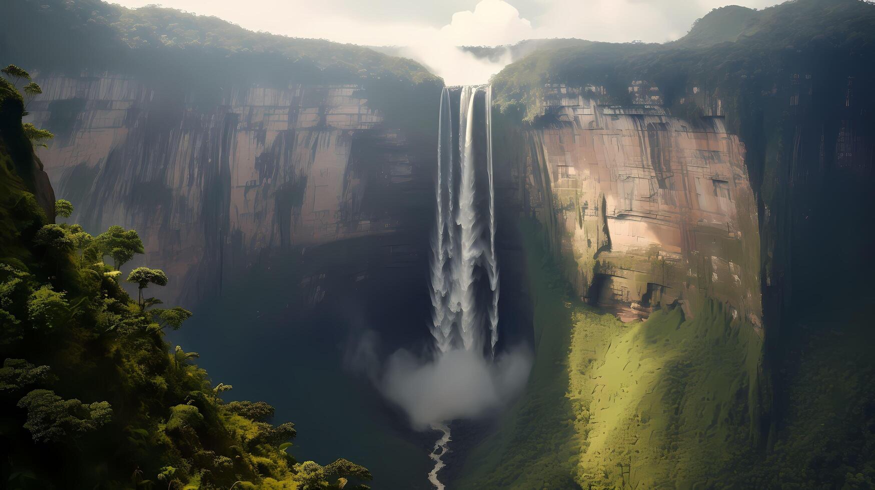 ángel caídas el del mundo más alto cascada, ángel caídas, como eso cascadas abajo el tepuy acantilados rodeado por lozano selva, destacando el escarpado altura y natural belleza ai generativo foto