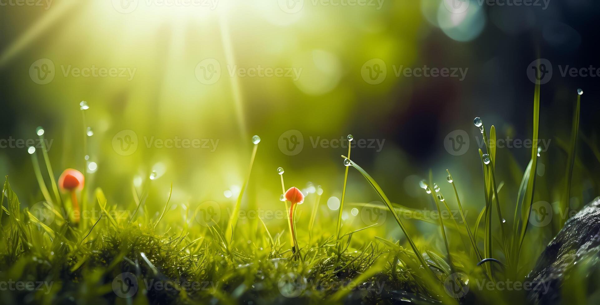 Spring background. Closeup fresh grass banner AI Generative photo