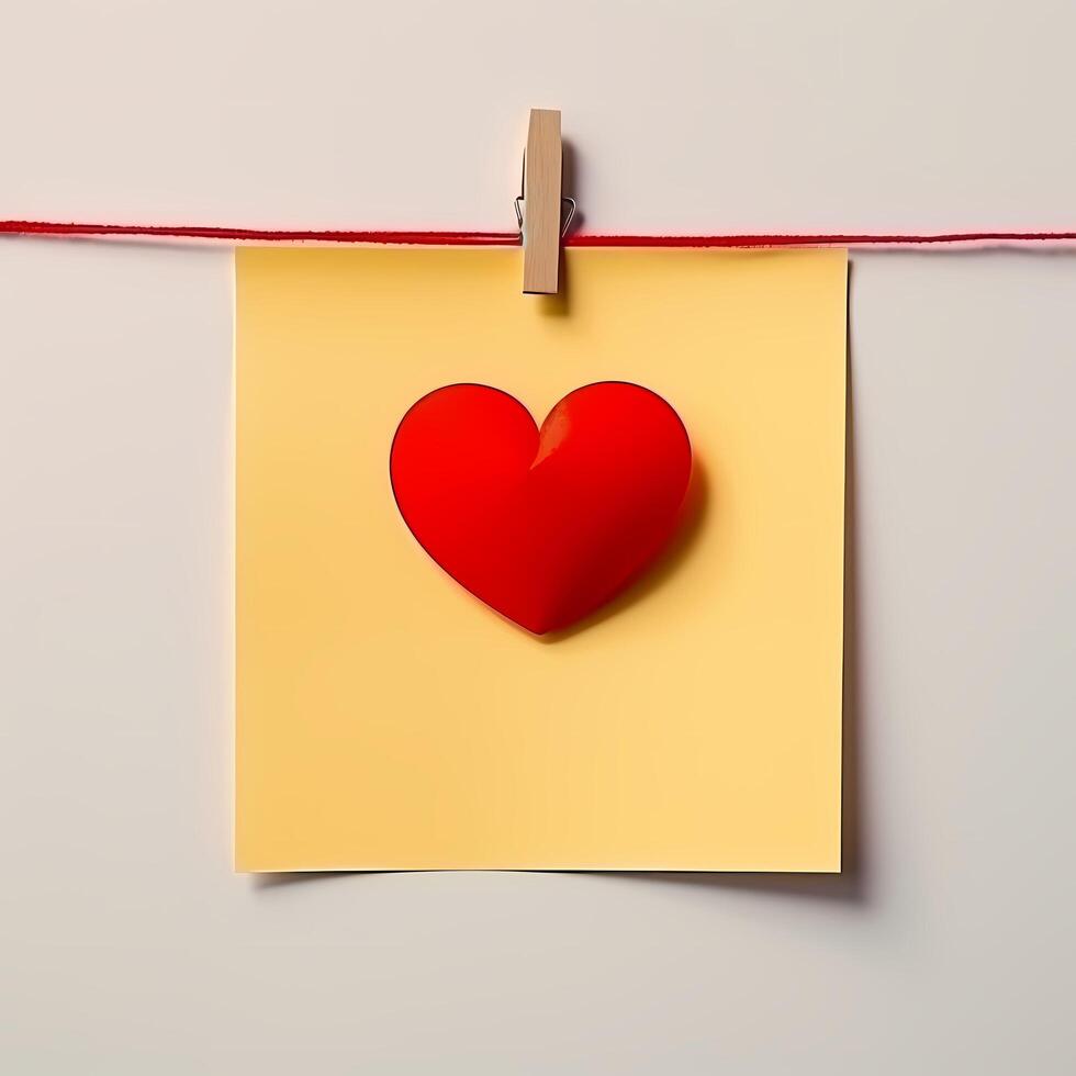 Yellow Note Paper with red heart ornament photo