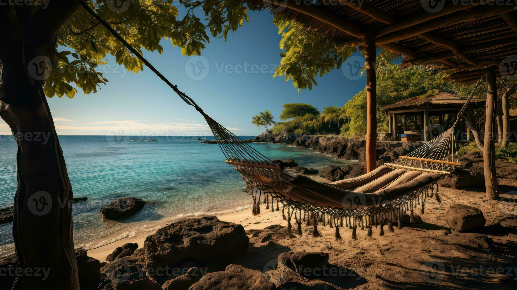 Hammocks on Tranquil Tropical Beach Find Serenity and Relaxation as Hammocks Hang Between Palm Trees photo