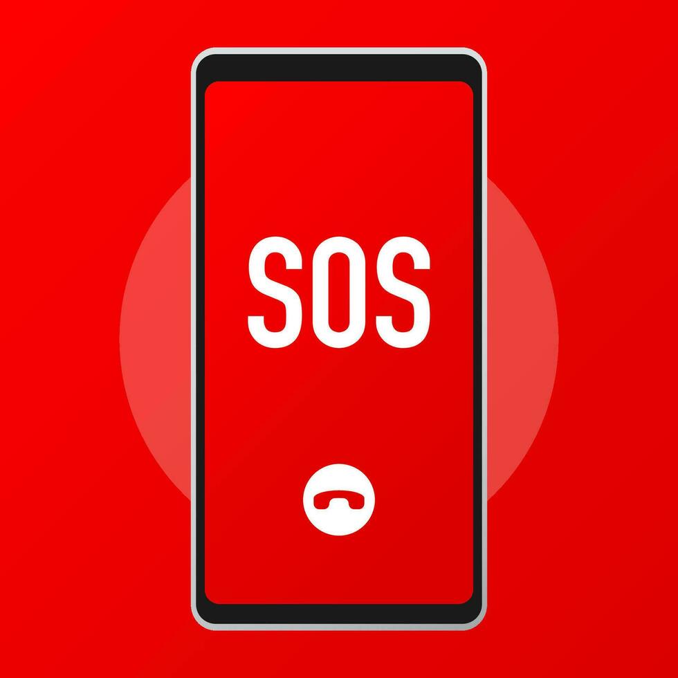 SOS lettering in a phone icon isolated on white background. Warning bell, help sign. Flat design. Vector Illustration.