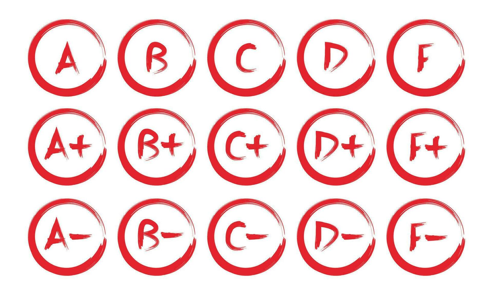 Grade results set. Hand drawn vector grade in red circle.