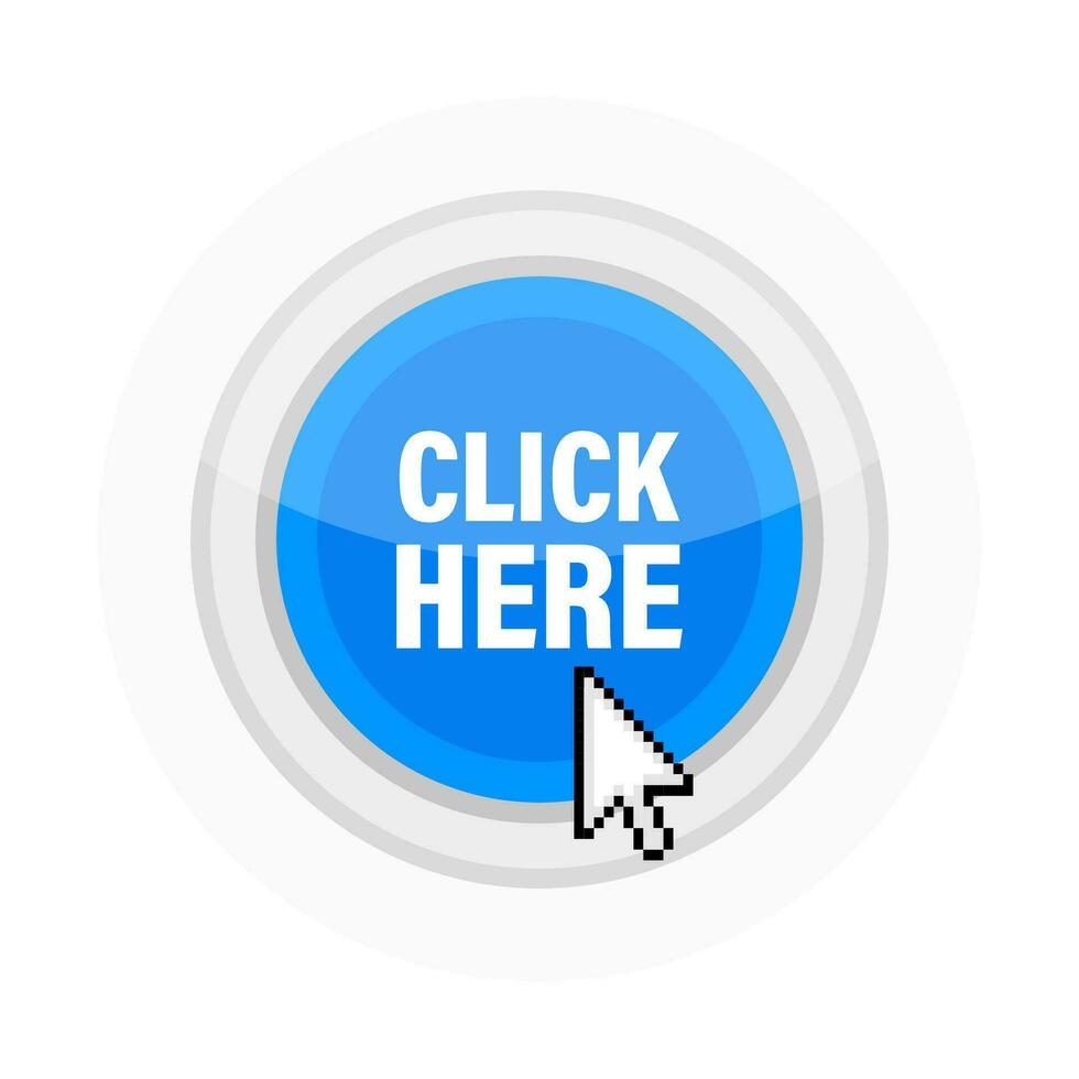 Icon with click here 3D button on white background for web marketing design. Flat deign. Social media element. White background. Vector illustration.