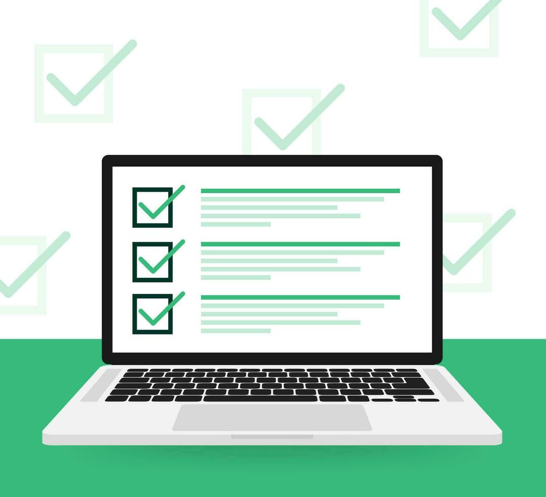 Line survey laptop in flat style green background. Vector icon. Vector flat. Line icon. Computer screen.