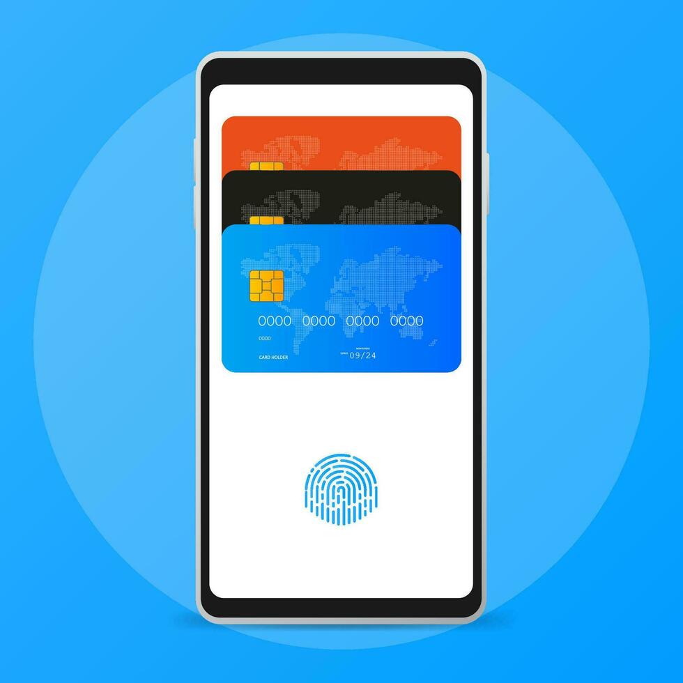 Modern mobile smartphone with credit card. Vector illustration.