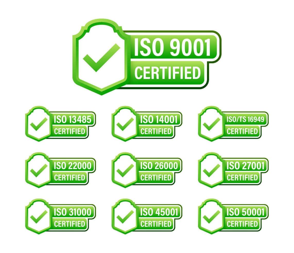 ISO certified set stamp and labels. Quality management system certified vector