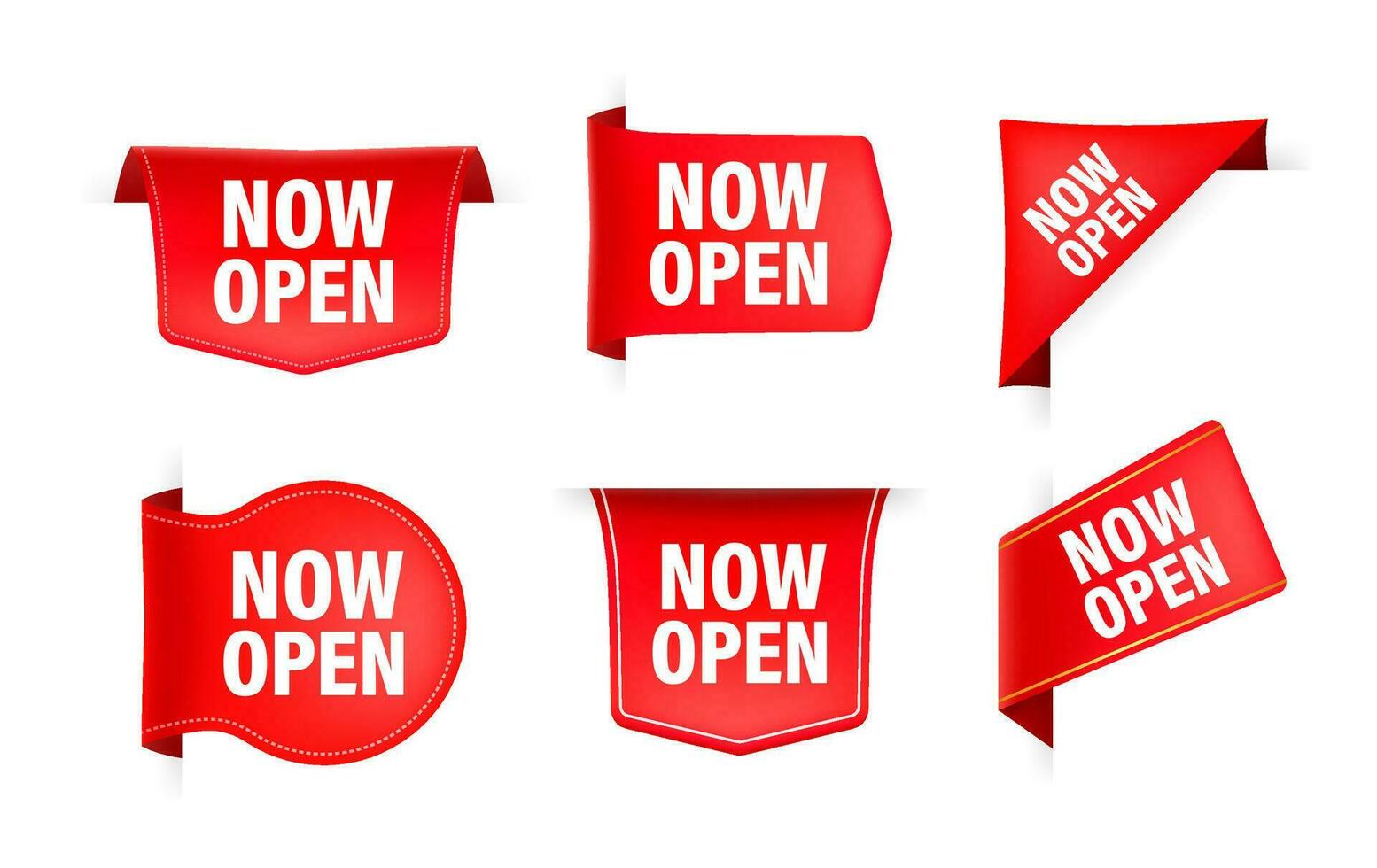 Red ribbon with text now open. Banner ribbon label now open vector