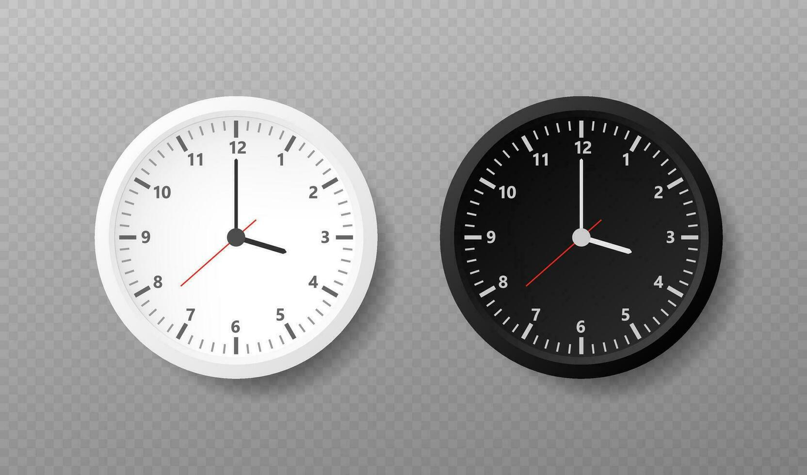 Realistic office clock. Wall round watches with time arrows and clock face. Vector illustration.