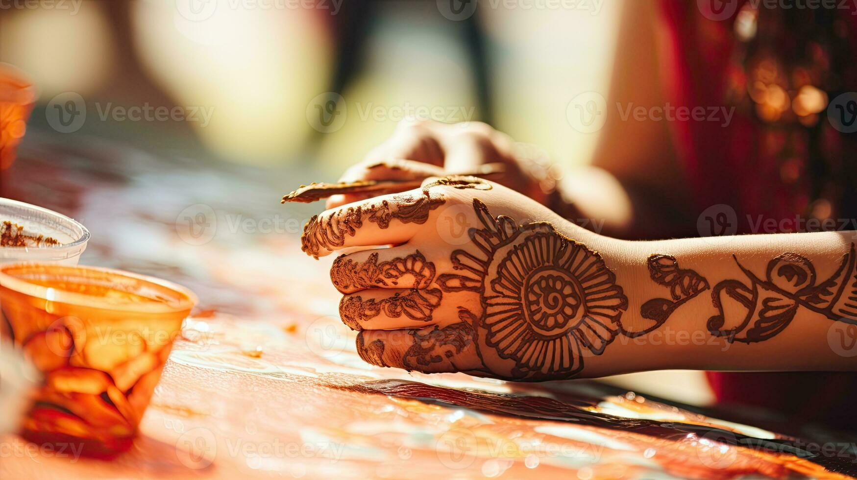 Drawing process of henna menhdi ornament on woman hand photo