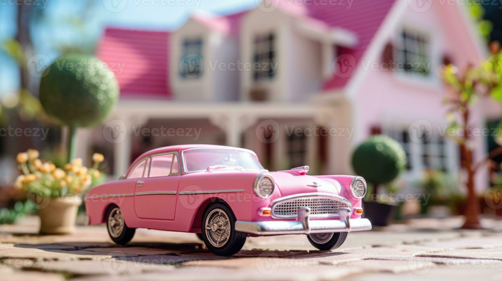 Pink toy classic car on the background of a blurred dollhouse. Toy world photo