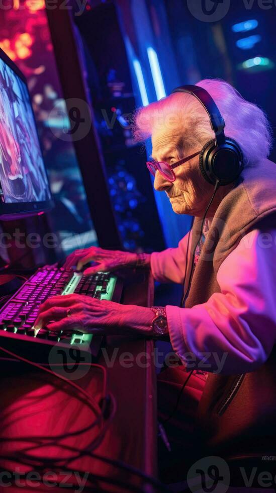 Elderly professional gamer playing online games computer photo