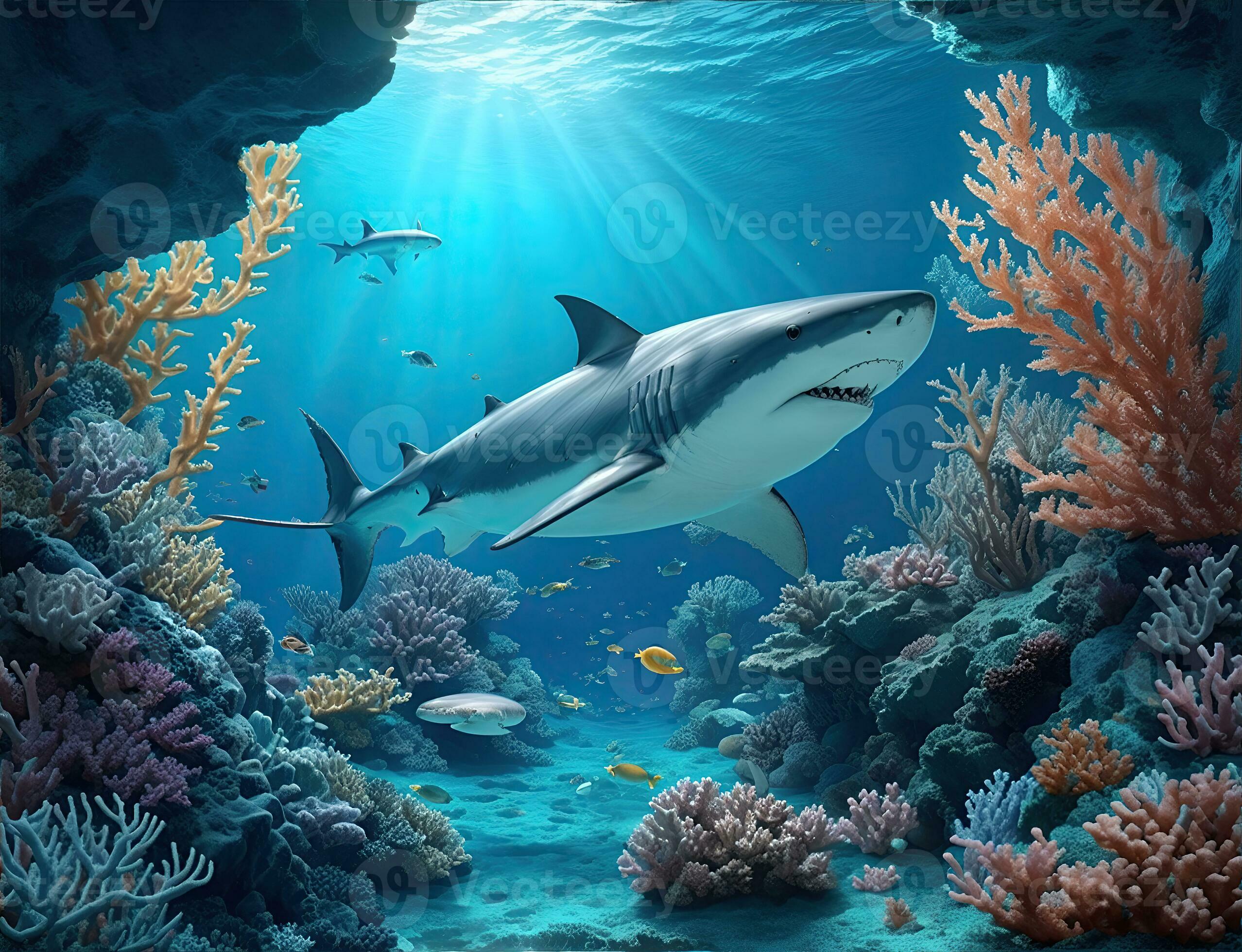 Wonderful and beautiful underwater world with shark, corals and tropical  fish. 27637099 Stock Photo at Vecteezy