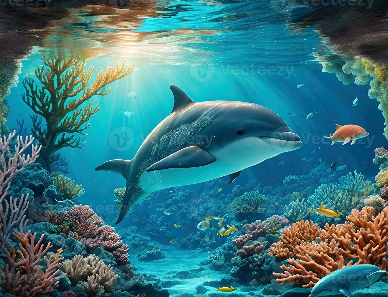 Dolphins Underwater With Tropical Fishes - Paint By Number