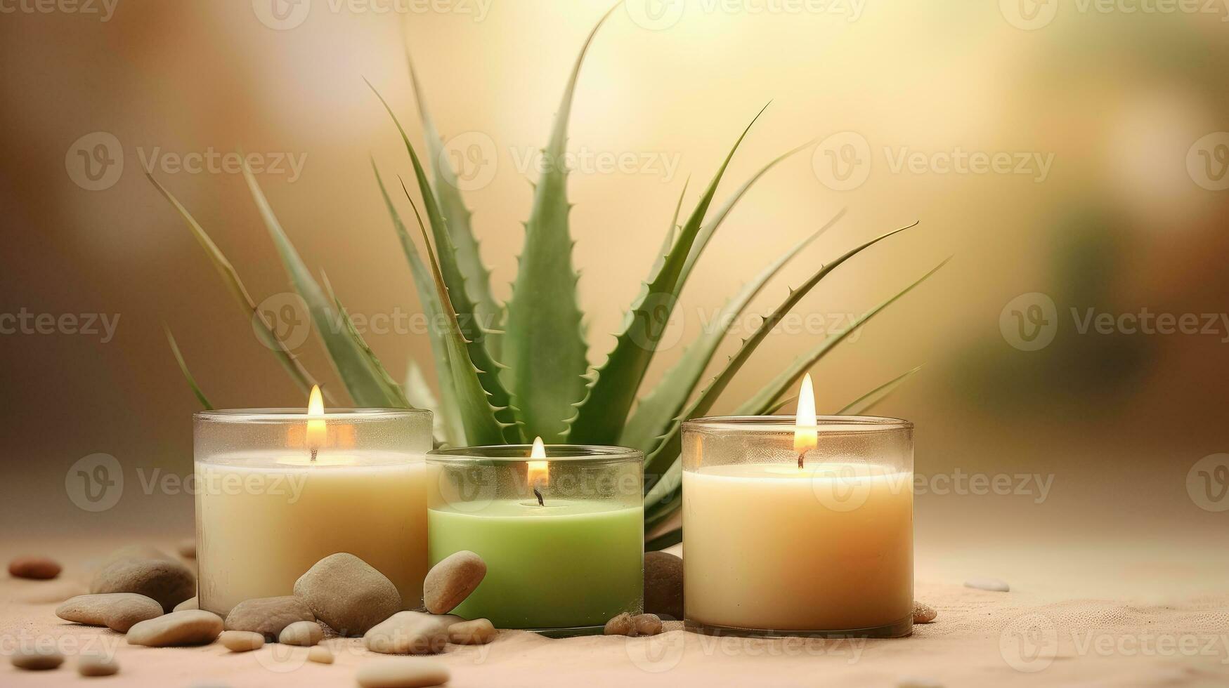 Spa concept. Candles on a blurred background. Decor from natural stems of aloe photo