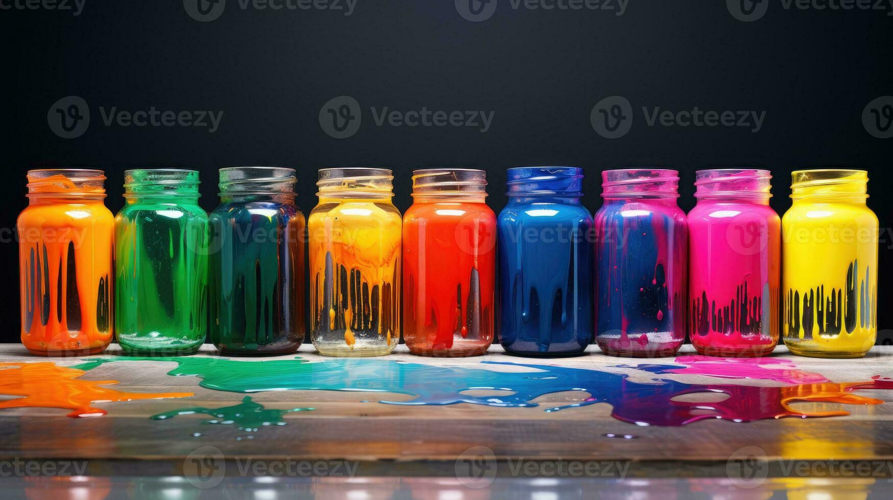 vacío vaso frascos con brillante colores. derramado pinturas en un oscuro antecedentes. ai foto