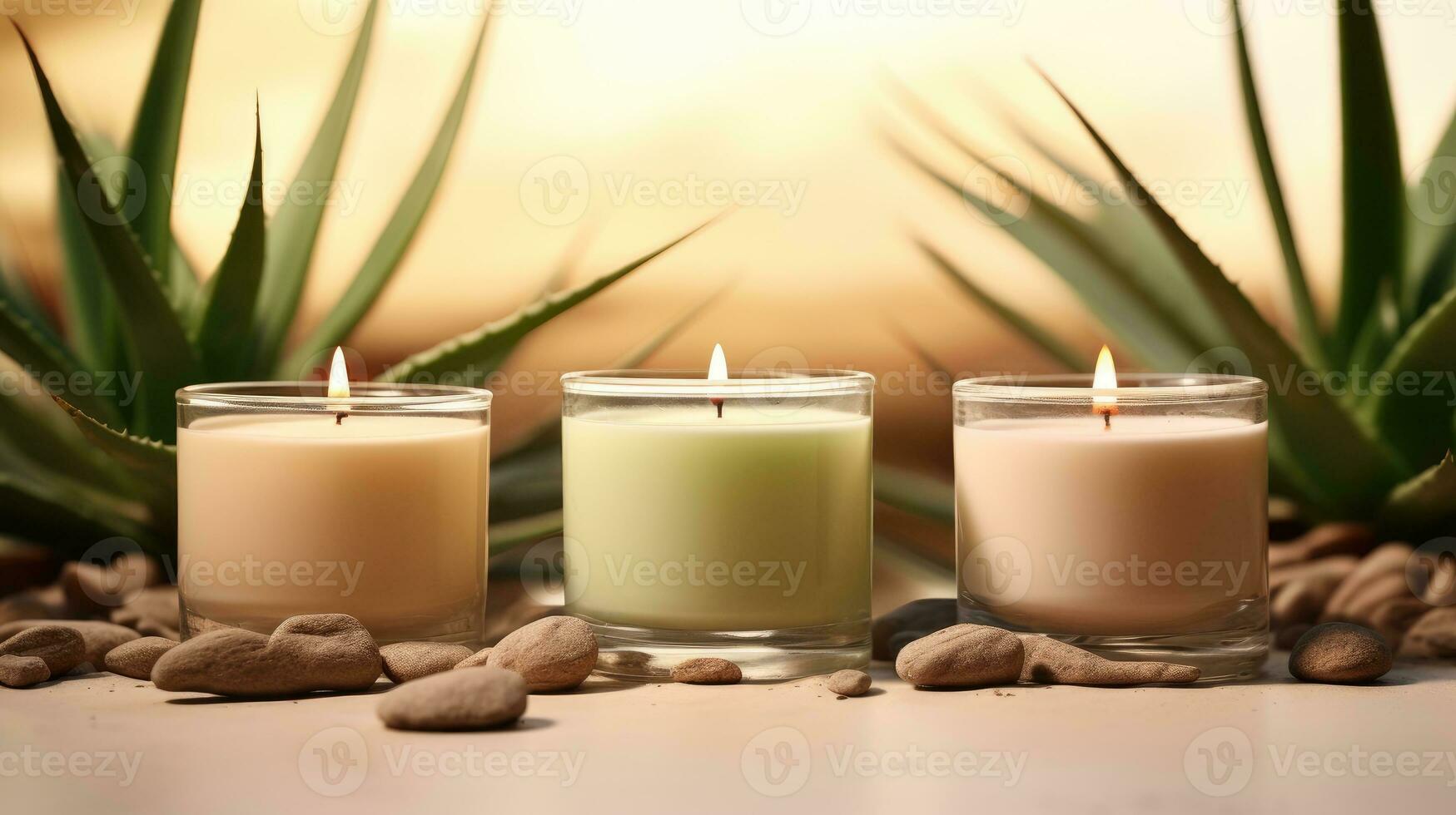 Spa concept. Candles on a blurred background. Decor from natural stems of aloe photo