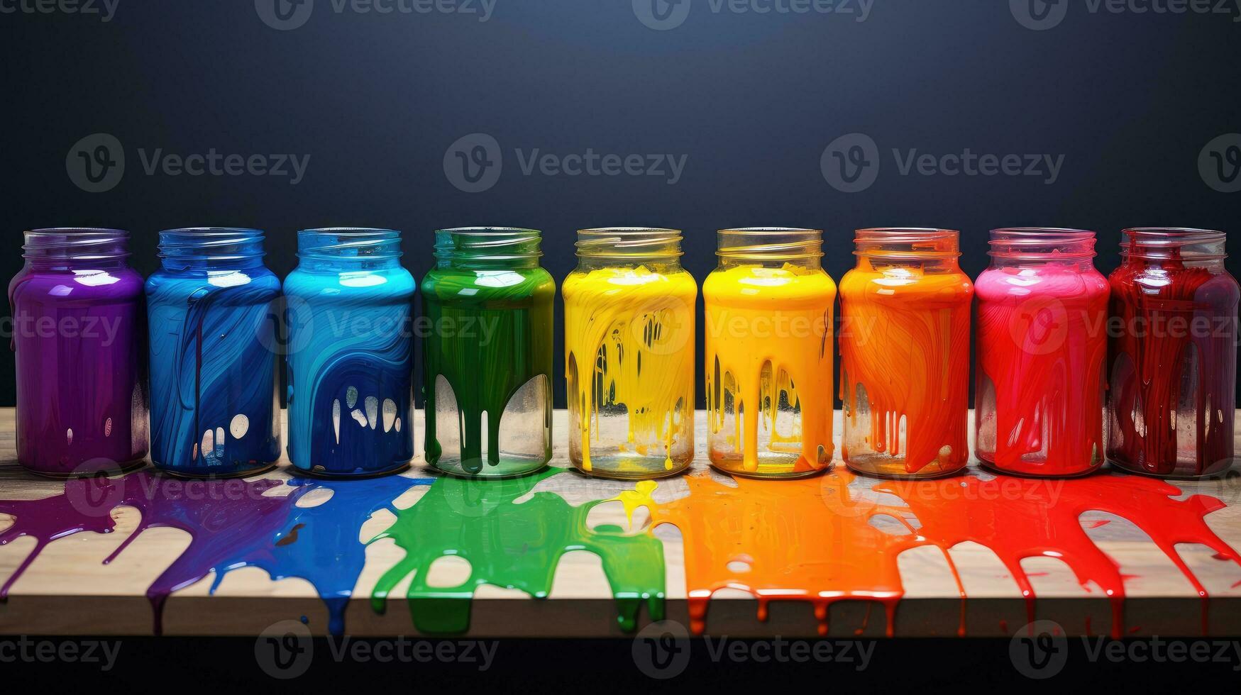Empty glass jars with bright colors. Spilled paints on a dark background. AI photo