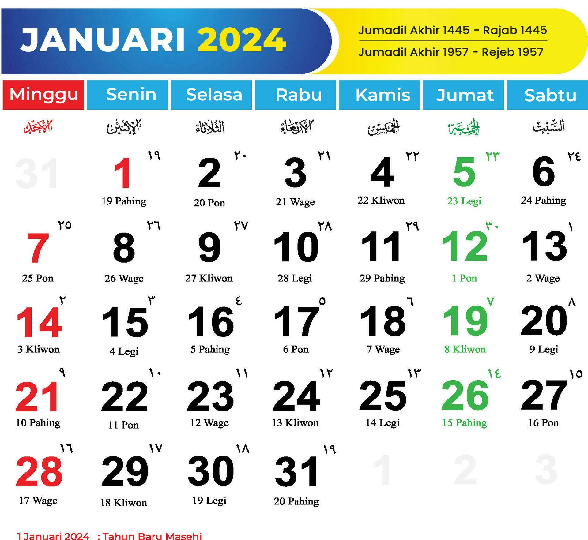 Calendar 2024 January With Javanese and Hijri Dates 27638913 Vector Art