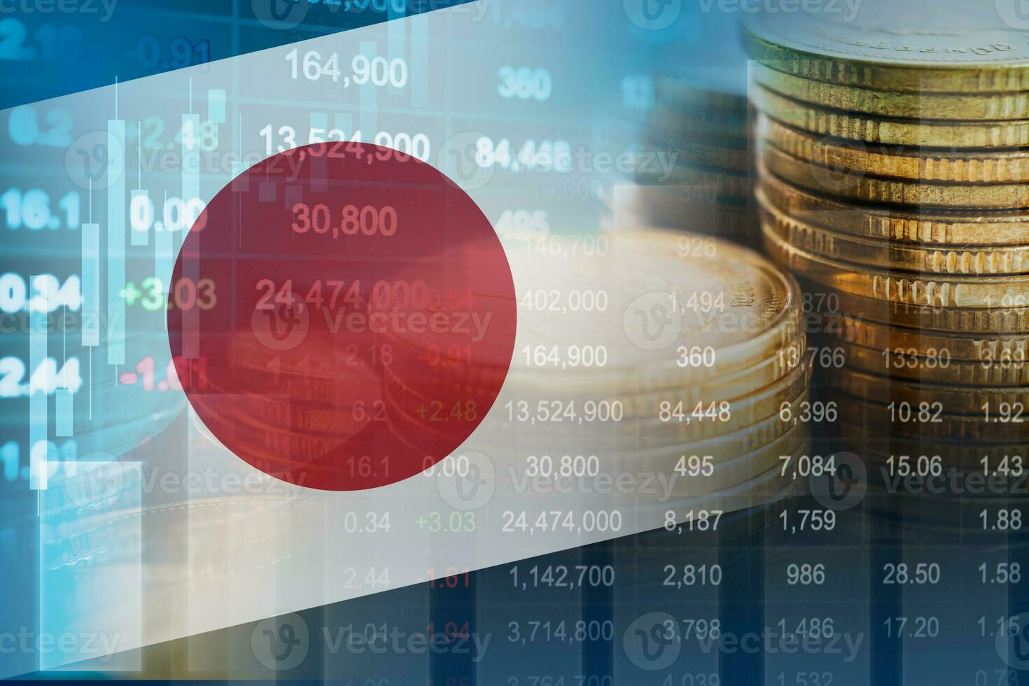 Japan flag with stock market finance, economy trend graph digital technology. photo