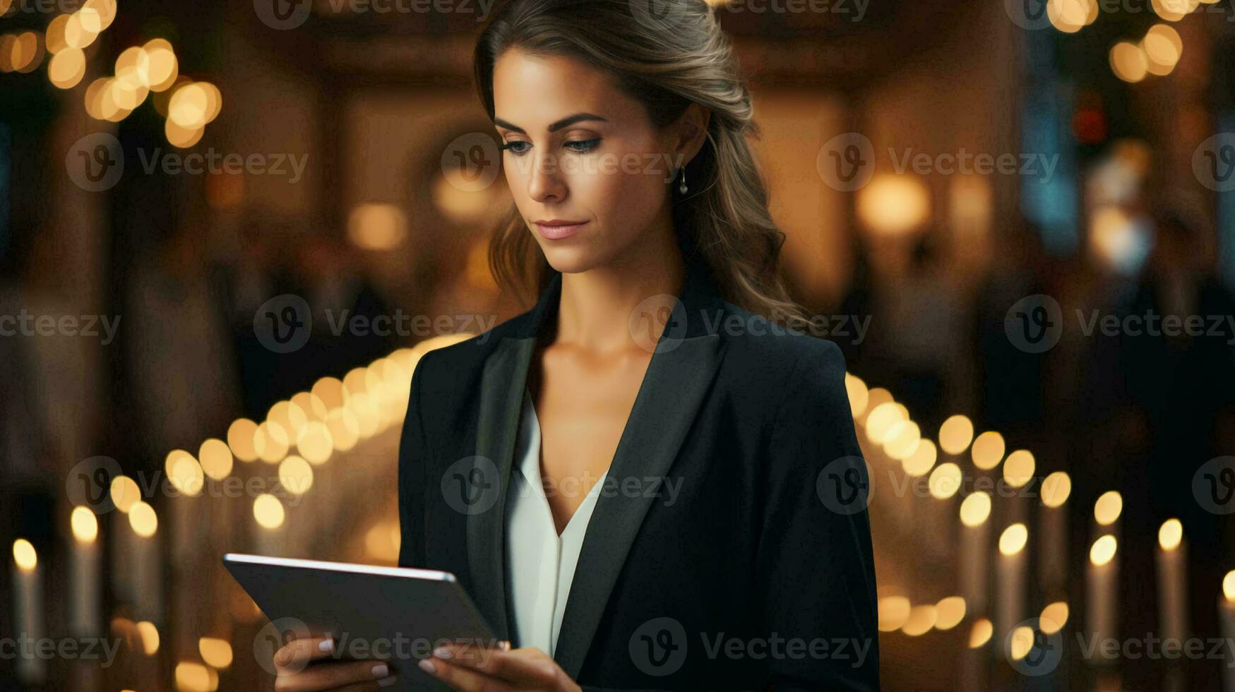 A woman holds a tablet in her hands and works. AI generated photo