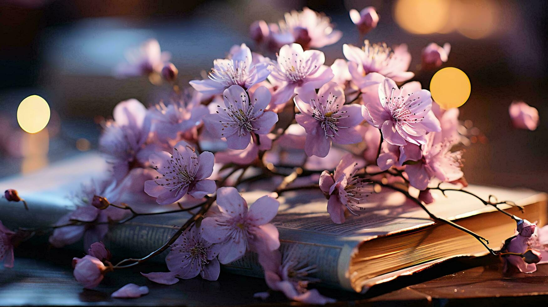 Natural beautiful flowers lie on the pages of an open book against the backdrop of nature. AI generated photo