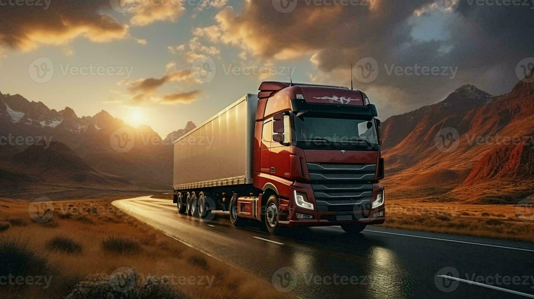 A big truck is driving along the highway delivering goods. The concept of logistics and delivery routes by road. AI generated photo